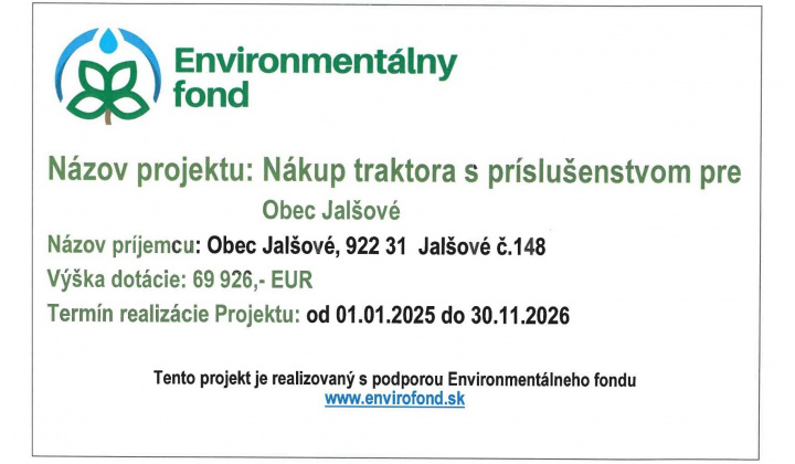 Nákup traktora s príslušenstvom pre obec Jalšové